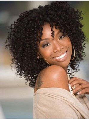 Curly Black Shoulder Length Remy Hair Wigs