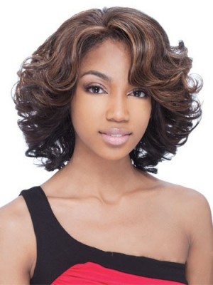 Natural Short Wavy Side Bang African American Lace Wigs For Women 12 Inch