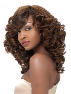 Sparkling Medium Curly Brown Side Bang African American Lace Wigs