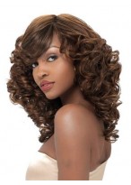 Sparkling Medium Curly Brown Side Bang African American Lace Wigs 