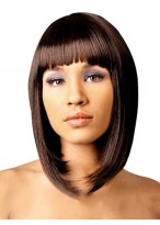 Delicate Medium Straight Brown Full Bang African American Wigs 